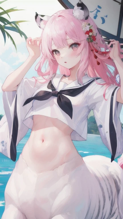 (8k、Highest quality、Highest quality、masterpiece)、Detailed face、One person、 Pink Hair、((mesugaki:1.3),Plump body,Big Breasts,Swimwear,bikini,Look down on me、Open your mouth,From below,Wicked Smile、((grin:1.3))、