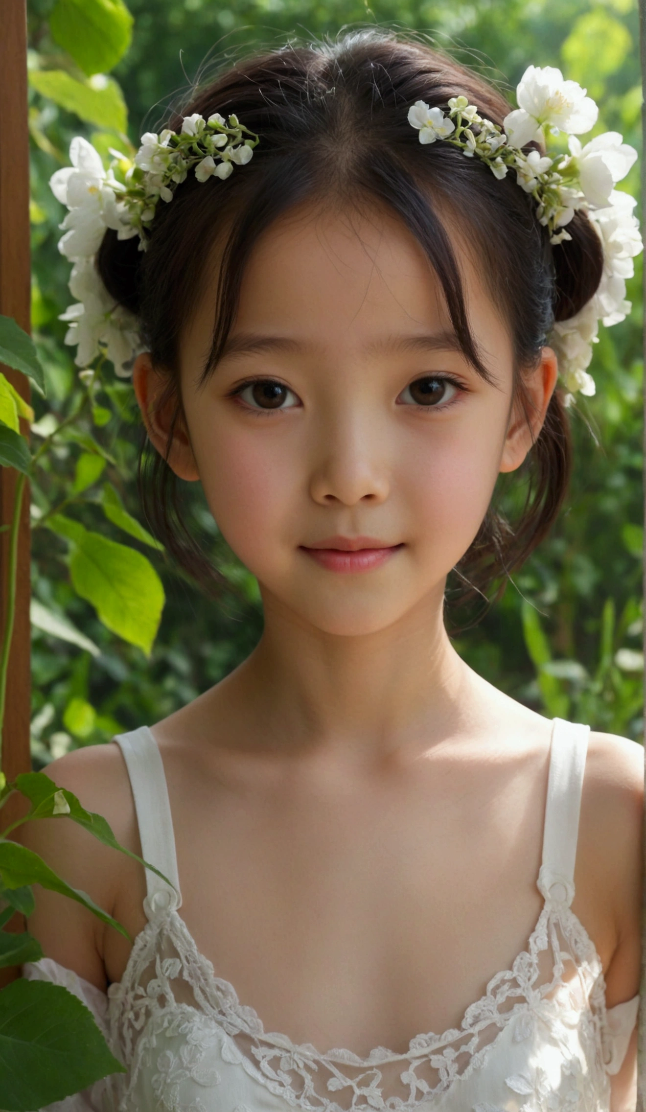 8k, masterpiece, cute, very pretty, Indonesian-Chinese, age 10, ((preteen)), pale skin, Innocent face, cute face, juvenile physique, beautiful body, Calm Eyes, White camisole dress, Her clothes are transparent and her skin is visible, adorable, blushing, pretty, flawless, Anatomically Correct, shy, embarrassed, Looking at the viewer, show off her cuteness, in the garden, natural lighting