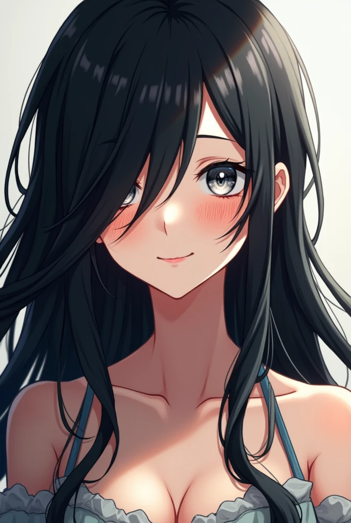 1girl, black eyes, black hair, gaston18, long hair, looking at viewer, looking back, portrait, solo, white background