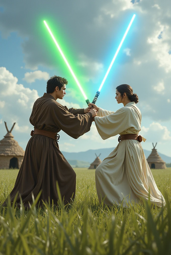 Twin jedi masters, brother and sister, wielding marching lightsabers, one blue and green, grassy plain with huts in the background