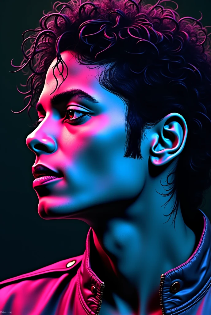 Michael Jackson's dark face with bright neon colors, with a 2d comic style
