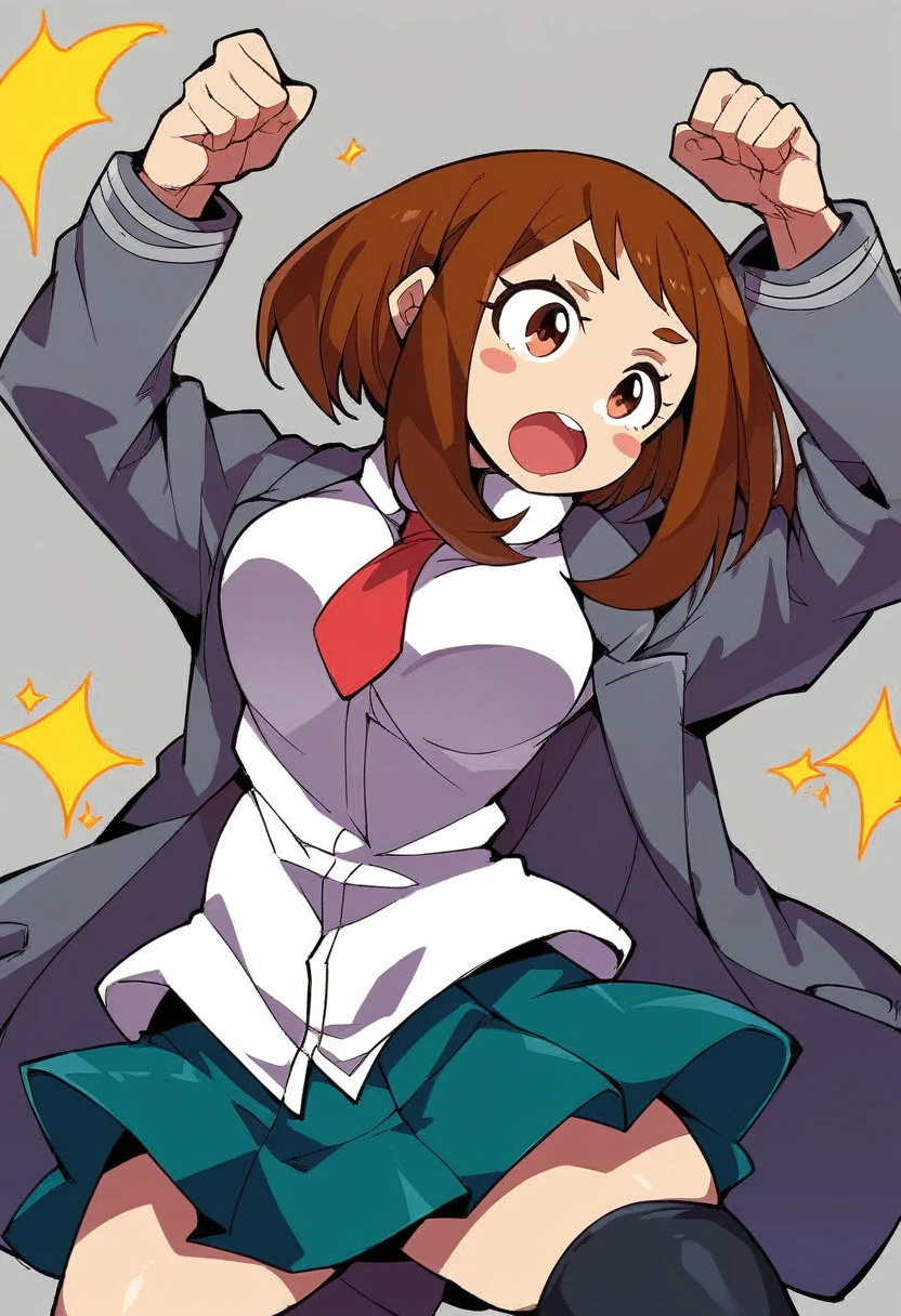 Kicked in the nuts, 1girl, solo, Uraraka Ochako, thick_eyebrows blush_stickers, brown_hair, brown_eyes, short_hair, sideburns, shiny hair, medium breasts, skindentation +++ :D  +++ u.a._school_uniform, grey_jacket long_sleeves, white_shirt red_necktie, mos green pleated_skirt, black stocking  Sky Kingdom, score_9, score_8_up, source_anime