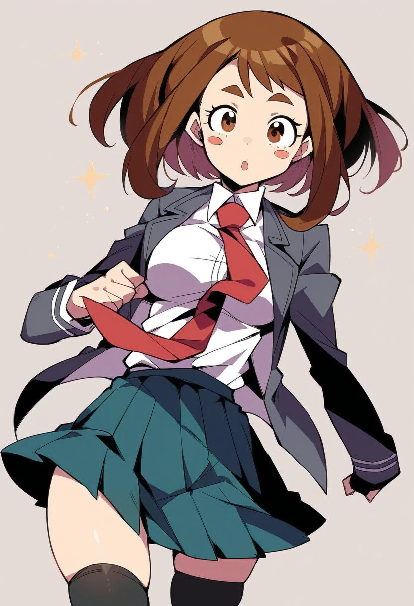 Kicked in the nuts, 1girl, solo, Uraraka Ochako, thick_eyebrows blush_stickers, brown_hair, brown_eyes, short_hair, sideburns, shiny hair, medium breasts, skindentation +++ :D  +++ u.a._school_uniform, grey_jacket long_sleeves, white_shirt red_necktie, mos green pleated_skirt, black stocking  Sky Kingdom, score_9, score_8_up, source_anime