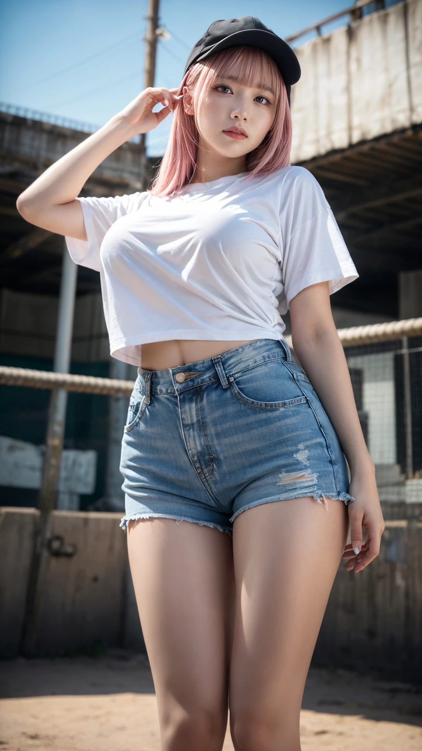 Half Thai, Half-Korean girl, Yujin is cute..., 17 Years Old, 最高品質, high-res、(studio light)、1 girl、photo studio, small face.Small shape、Oversized White Shirt, Tight jean shorts, Beautiful slender legs....., Walking through Yaowarat Market