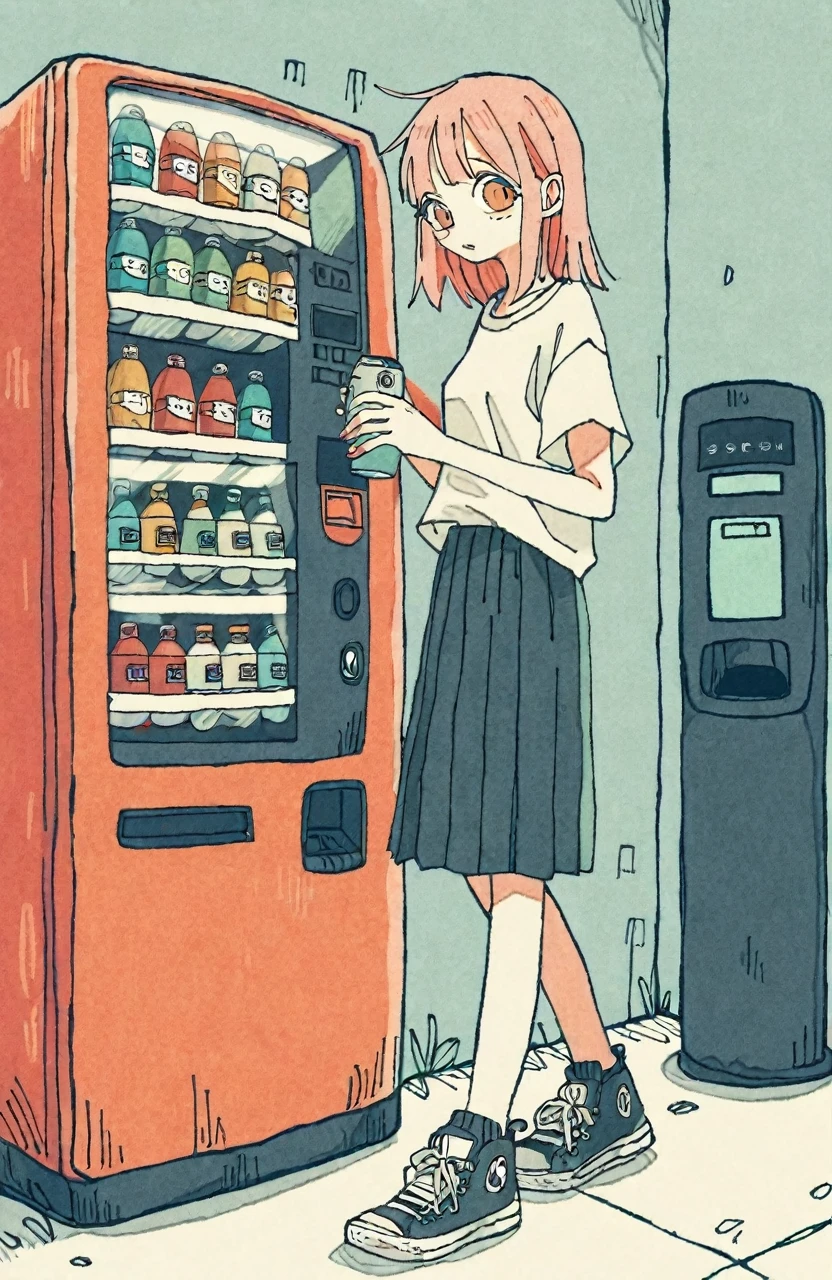 by tsvbvra, 1girl, vending machine, skirt, shoes, solo, shirt, standing, holding, can, pleated skirt, bottle, short hair