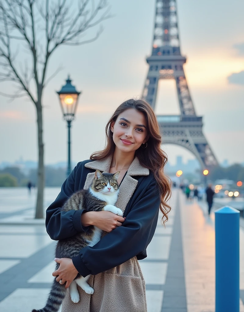 A beautiful girl enjoying the view of the Eiffel Tower at night with her pet,um gato.