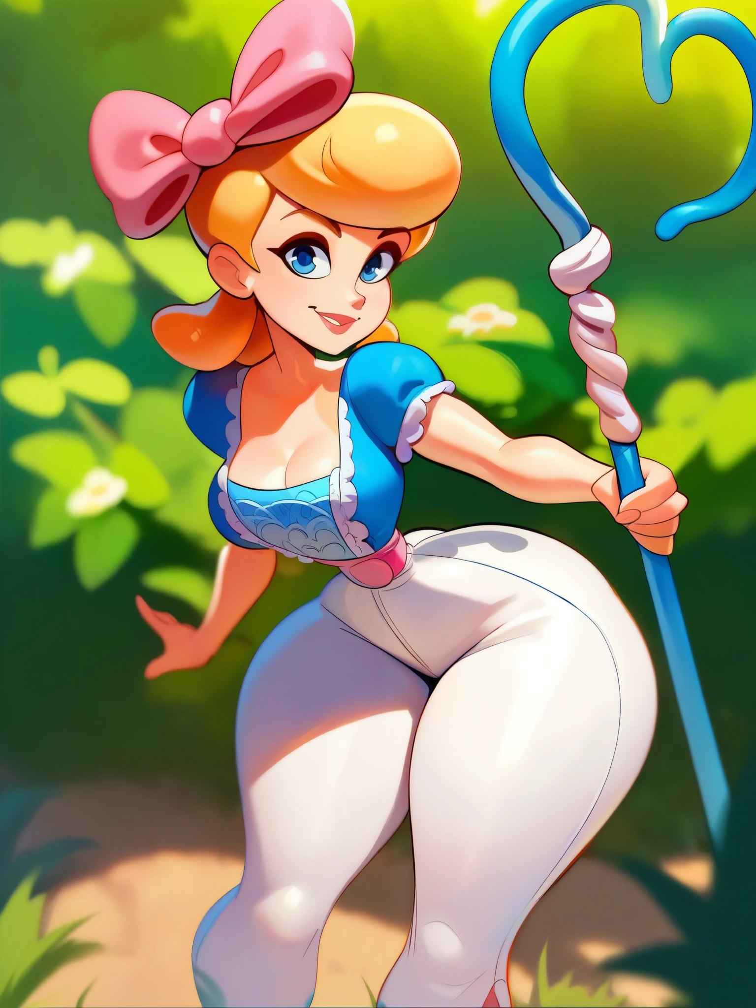 score_9, score_8_up, score_7_up, score_6_up, BobeepXLP, holding staff, blue dress, pants, pink belt, short hair, hair bow, medium breasts, narrow waist, wide hips, thick thighs, fat ass, looking at viewer, cowboy shot, dynamic pose, smile, cute, wide shot, solo, leaning forward, squatting, figure,