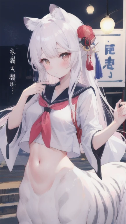 (best quality, masterpiece), 1 girl, centaur, It takes, White skin, Japanese , belly button t-shirt, 아름다운 소녀 perfect white tiger photo, perfect white tiger photo