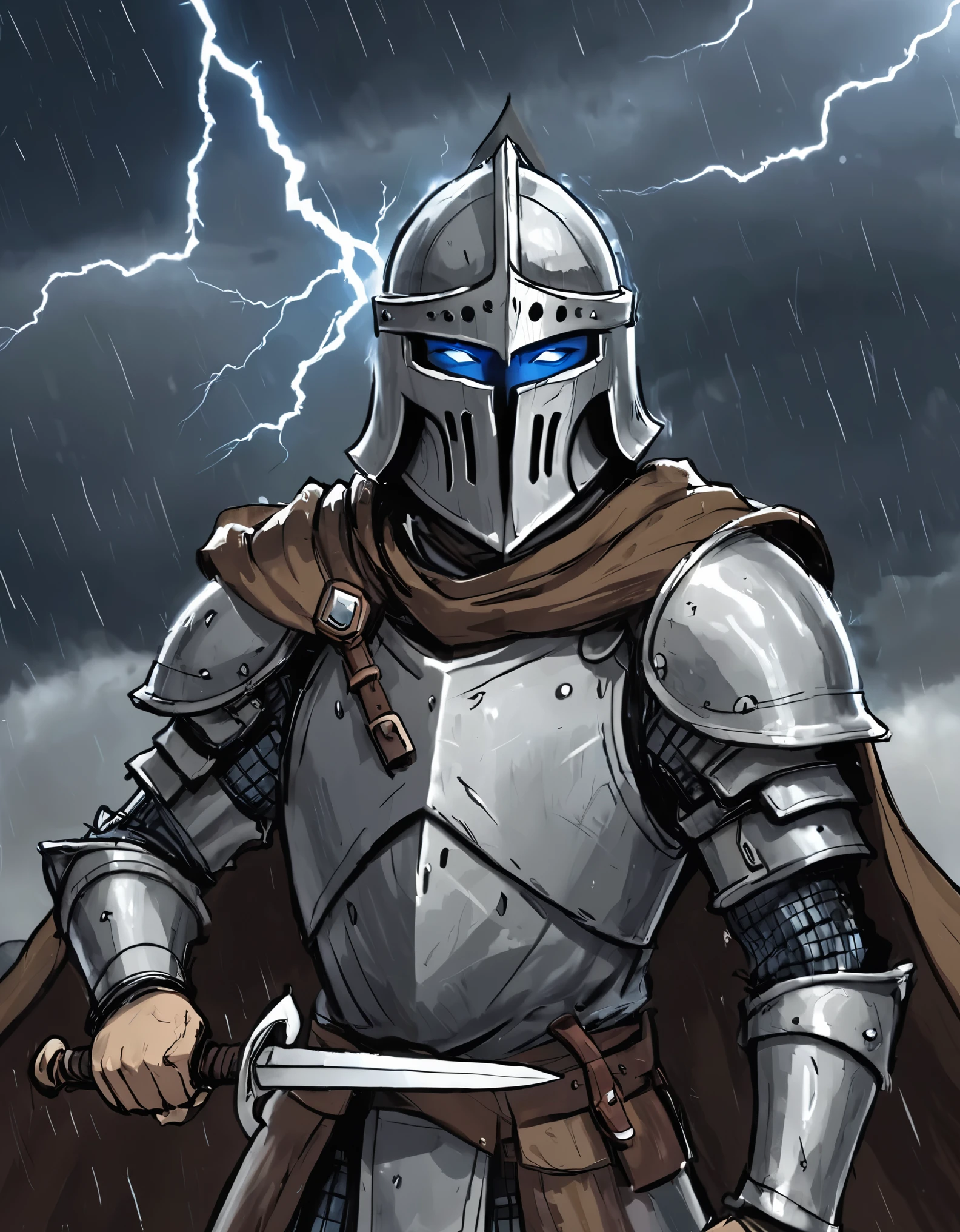 Make a knight in black and white armor, with glowing blue eyes on the face of the helmet, who has a brown cape placed The helmet, the hood and the armor cover quite a bit on the corner of a mountain Black, holding his sword with one hand.Make dark rain clouds and lightning in the background 