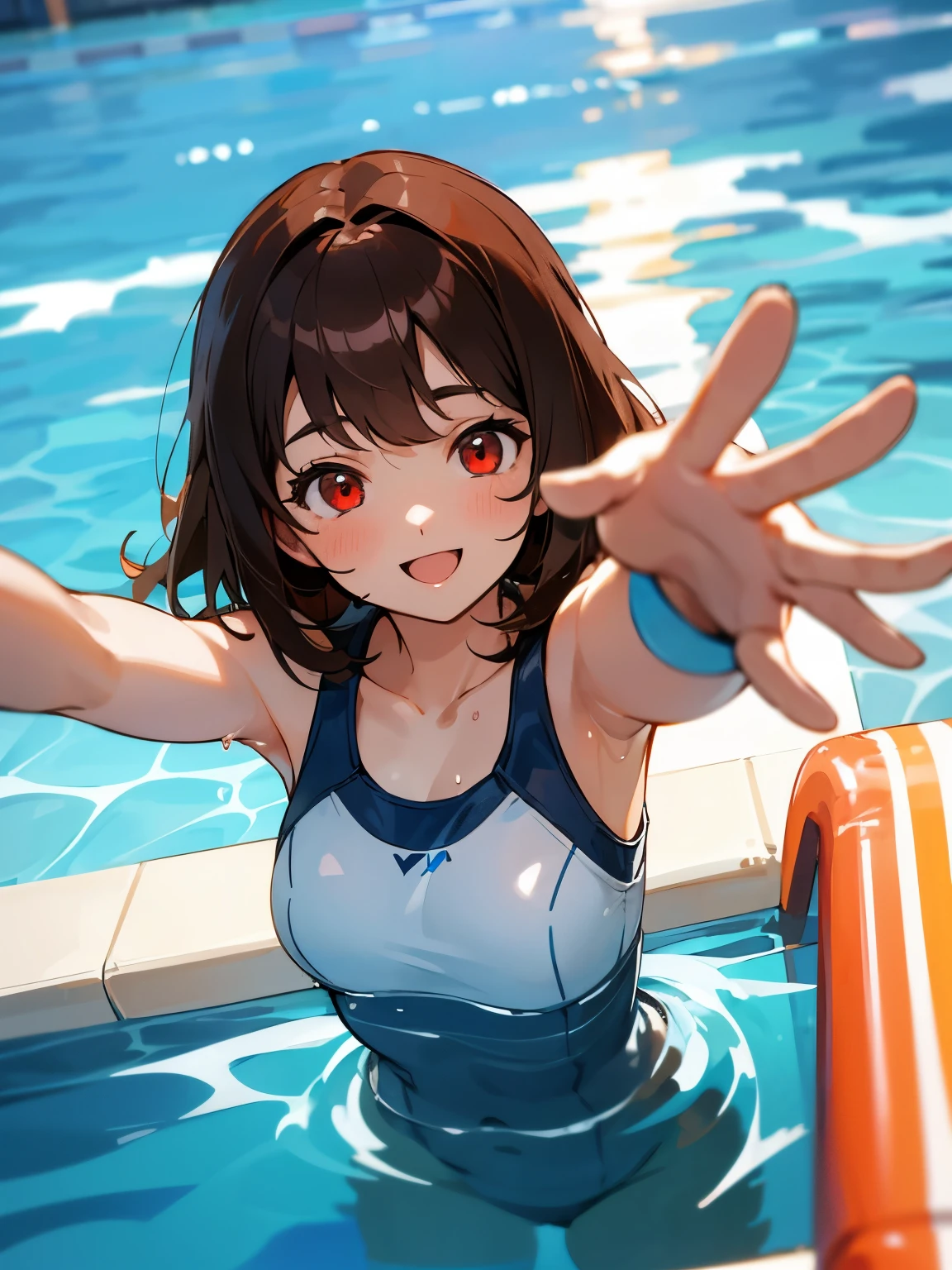 high resolution,high quality,Perfect body,Perfect face,Pool,Swim ring,anxiety,(Swim ring:1.5)で浮いている,Red swimsuit,ショートヘアー