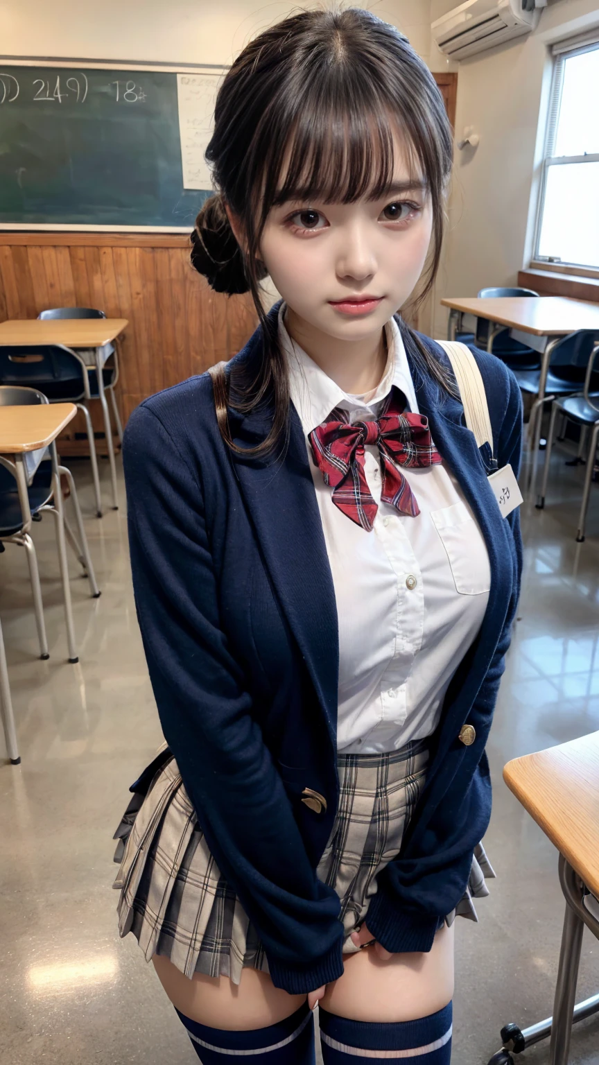 masterpiece, best quality, illustration, Super detailed, fine details, High resolution, 8K,wall paper, perfect dynamic composition,(Details High quality, realistic depiction of eyes:1.3), High School Classroom、High school girl uniform、blazer 、Super Short Check Uniform Skirt、Navy blue high socks、garterbelts、Colossal tits, Disturbed uniform, (updo:1.2), black hair color, large breasts, Big Natural Color Lip, bold sexy pose, (perfect body shape), crying a little、20 year old girl、cute type, beautiful legs, hposing Gravure Idol, Voluptuous thighs