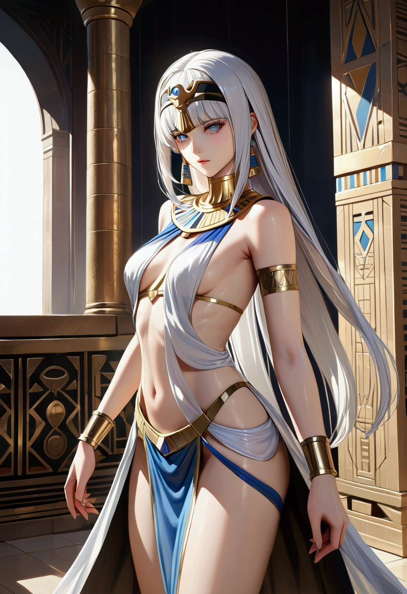 Long smooth straight white hair, white eyes,standing in skimpy egyptian clothes,slender and athletic build. masterpiece, super detail, best quality, 8k,realistic