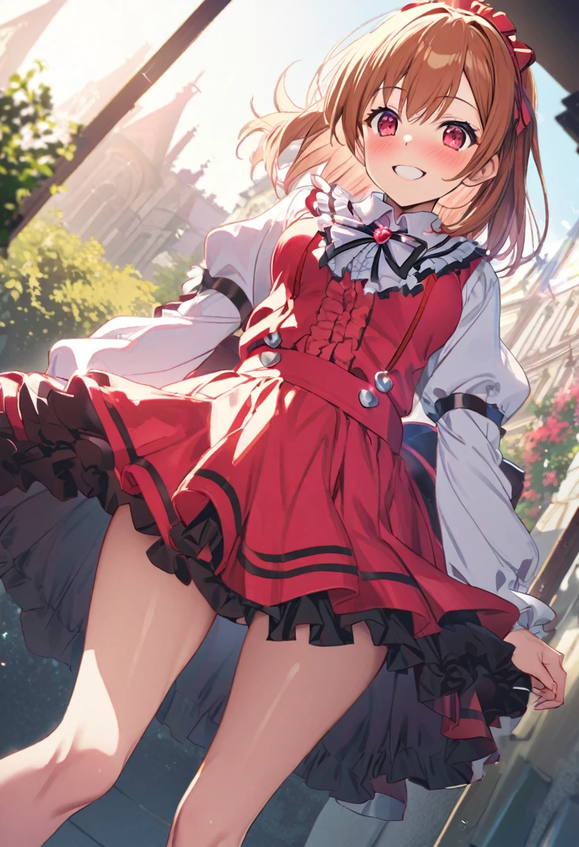 (((Pixel perfect, perfect detail))), (((Underskirt angle view, panties visible,))), Alone, Alone girl, Honoka Kosaka, 1, ((costume bokura wa ima no naka de,:1.0)) viewer's point of view, smiling, blushing, m&#39;s, Love Live! stage, singing, (lace skirt: 1.3), (white panties: 1.3), (panties with ribbon), (panties with frills: 1.3), (skirt rolled up: 1.3), (low angle), blue eyes, orange hair, one-sided updo, short hair,((Both legs: Thigh-length black socks with pink frills on the top:1.3)), (Black boots), (splayed legs: 1.0)