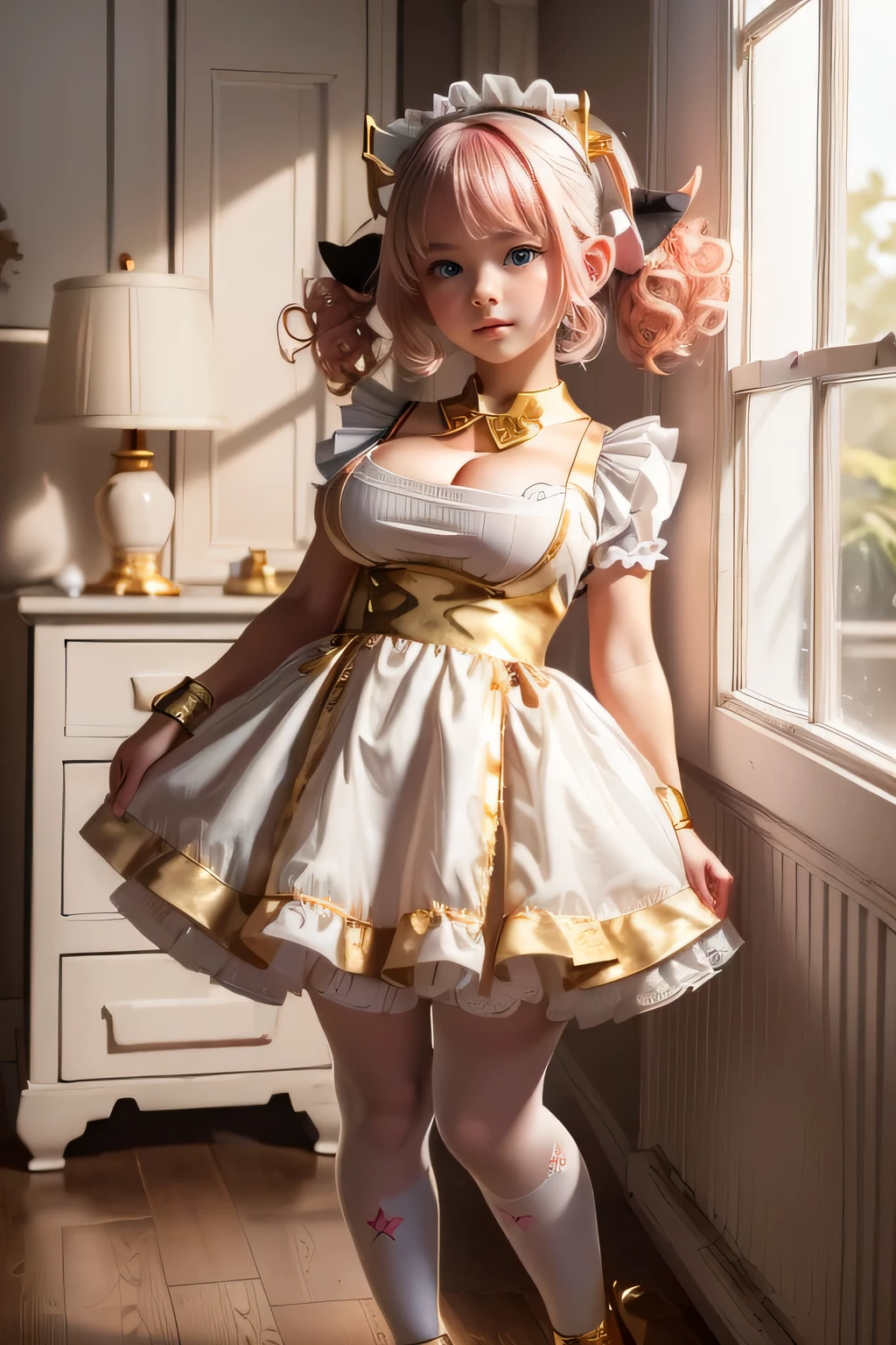 (Original Character, Best quality, 4k, 8k, highres, masterpiece:1.2), ultra-detailed, ((bishoujo girl)), ((Petite and adorable Pig girl with child face)), ((Pink hair, Pixie cut hair and curly hair with Pig ears)), ((full body)), ((stand pose)), ((((Black and white Maid dress with gold accessories, White socks)))), ((Maid shoes)), ((Plump body with huge tits)), (((Huge tits with thighs))), (((Plump and small body))), (((Pig tail)))), ((fully detailed)), illustration, (Original Character, Unity 16K Wallpaper, masterpiece, Best Quality, Ultra-detailed, extremely details CG, Caustics, Cinematic lighting, Detailed, Beautiful detailed eyes, Solo, Oily skin), Ultra High Resolution, Fine skin, (White and super curly hair with Goat Horns, (Strong lights), ((Brighten the subject)), Blushed face, Blushed face,
