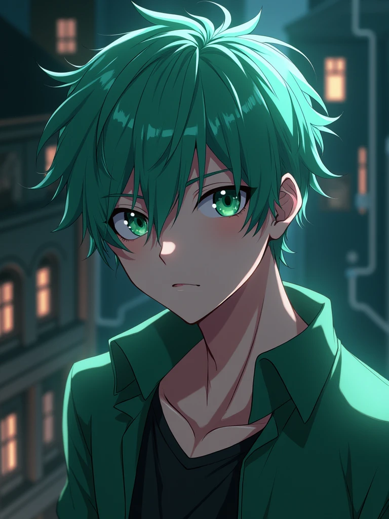 A young man with Green hair, green eyes, a black hoodie stood with his back turned half-face smoking a cigarette in his room at night.