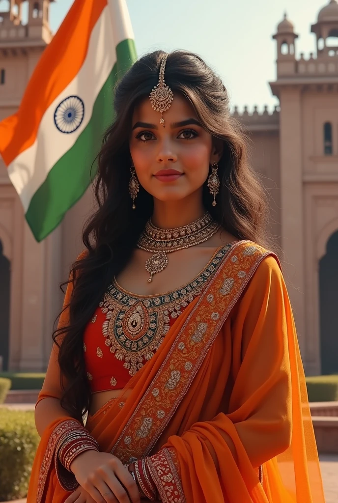 Create a vibrant and dynamic animation image capturing the essence of Republic Day celebration in India. The backdrop features the iconic tricolor Indian flag, while a spirited Rajputni girl, adorned in traditional attire, stands confidently with a sword in hand, exuding attitude and pride. The character should be animated, showcasing a full-body view with lively expressions. The Indian flag should be placed in the distance, symbolizing the patriotic celebration. Incorporate elements that evoke the spirit of Republic Day, such as confetti, fireworks, or other festive details, to enhance the overall festive atmosphere of the scene."