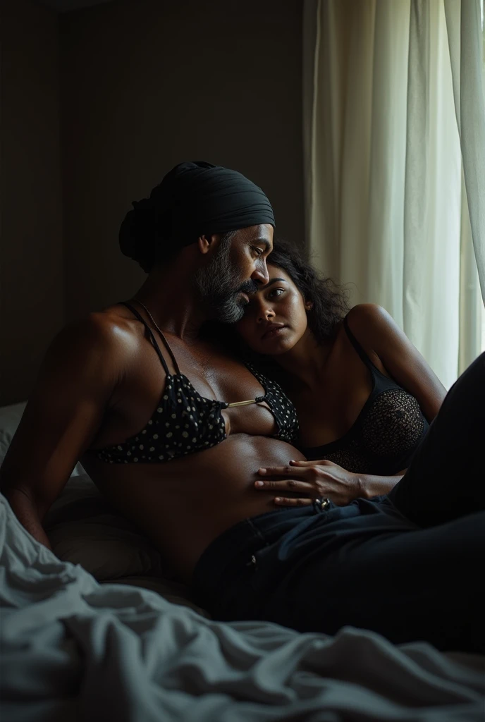 Beautiful young woman with dark complexion, Pregnant, Wearing wet lingerie with exposed large Breasts Lying on bed with a Old Man curdling, Dim light in the room.