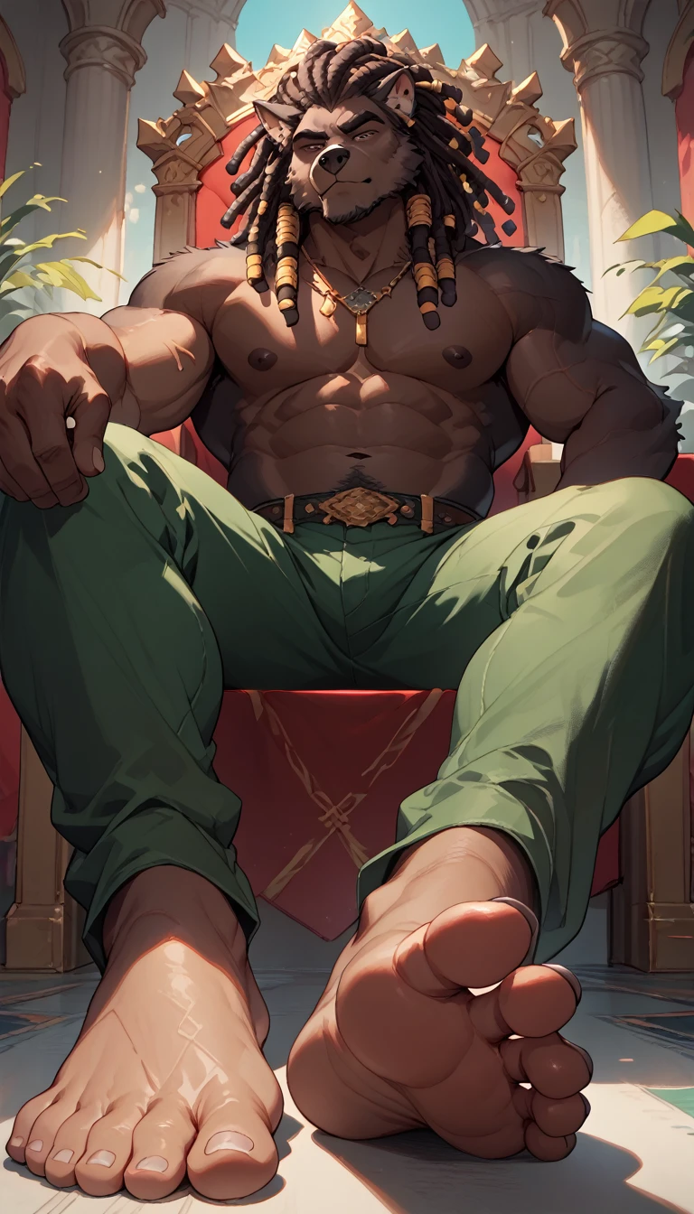 big, furry, muscular male, black wolf, dreadlocks hair, mature man, sitting on throne, barefoot, green pants, topless, foot focus, visible soles, low angle view