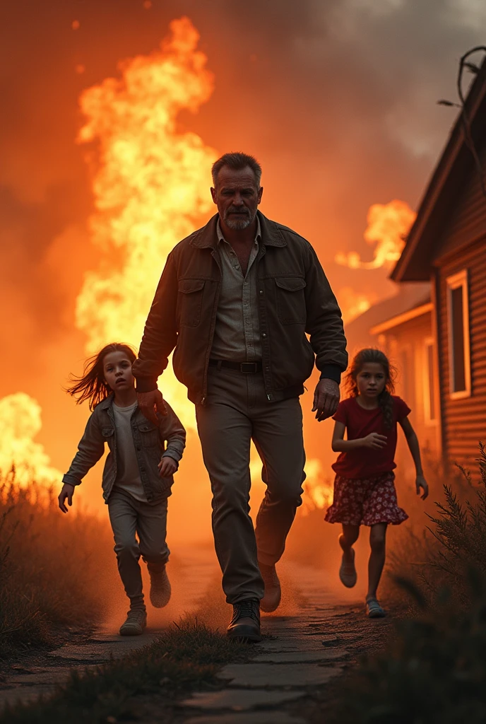 A family standing outside a burning house, a soot-covered cat in the arms of a child, both looking relieved and safe, firefighters in the background battling the flames."
