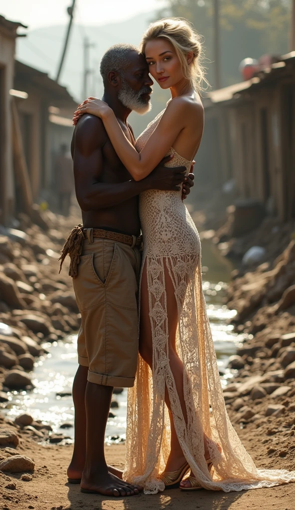 A black man in a suit hugs a white-skinned thin man with brown hair in transparent erotic clothes at a beach wedding ceremony, full-face