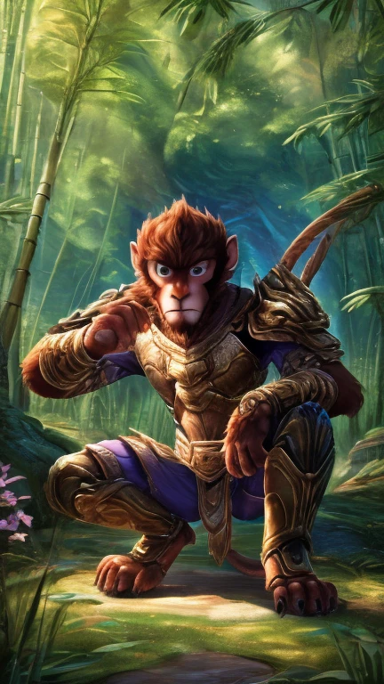 (1boy, monkey, wukong), (extremely detailed CG unit 8k wallpaper),(master part), (best quality), (ultra detail), (best illustration),(Tsukasa Hojo style), cowboy shot, Paw pose, show Paws show claws, (Sharp eyeliner, ombre, detailed eyes:1), bamboo forest, digital art, break , upper body, crouching, Sharp claws, Armor