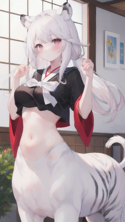 Chica Kitsune con un traje de sacerdotisa japonesa reveladora, sensual, orejas de zorro, sexy, Big ass, sonrojarse, avergonzada.