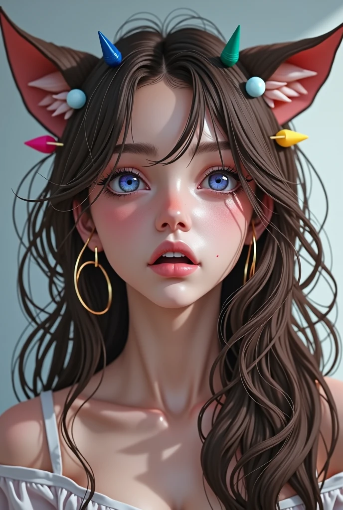 single sidelock, high ponytail, crescent hair ornament, red hairband, gradient eyes, animal ears, seductive smile, rococo style, UHD, best quality, highres