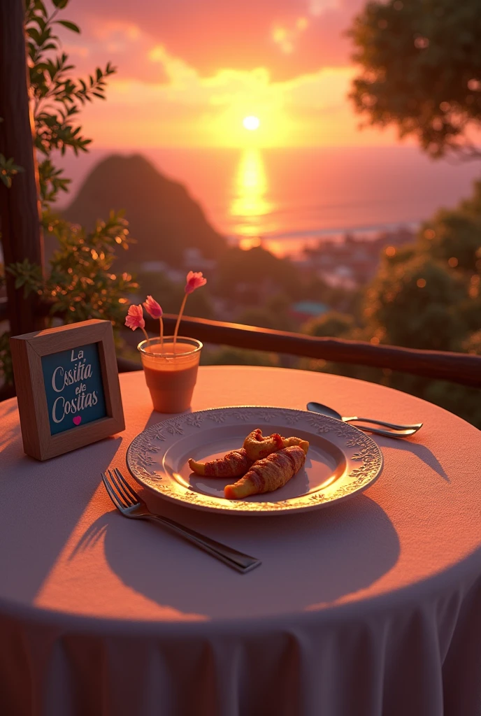 A beach in Europe, with a table, fish, champagne, and a big sign that says: For Francy and Rosmary with love from Yllen