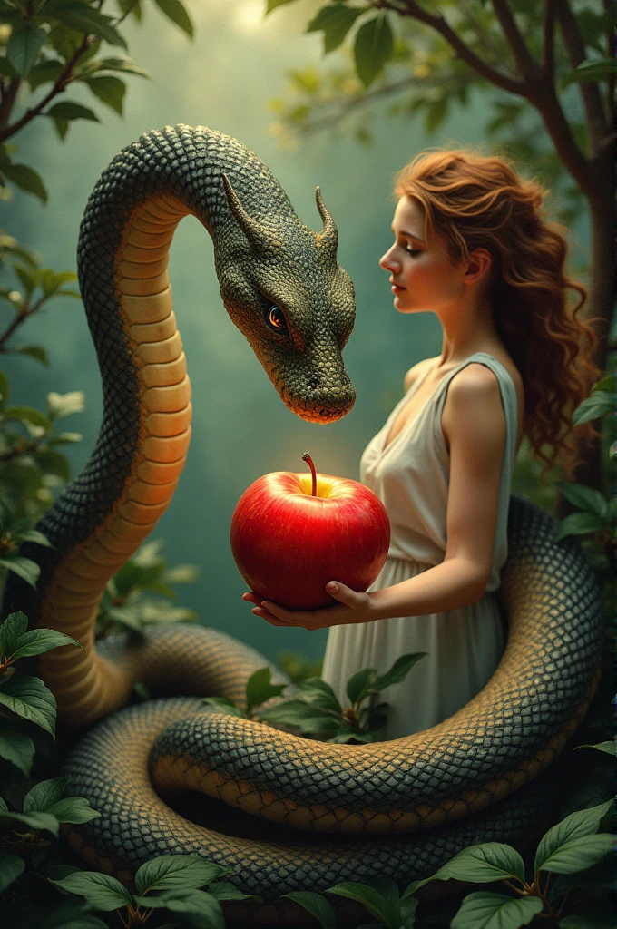 Eve - Nude in the Garden of Eden, talking to a snake (Disney's Kaa) wearing a sign that says " Hey Bitch? What to buy some apples?"
