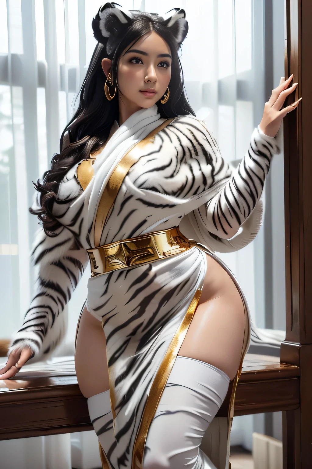 (Best quality, 4k, 8k, highres, masterpiece:1.2), ultra-detailed, ((Bishoujo girl)), ((The sexiest queen tiger)), ((White and super long wavy hair with tiger ears and tiger tails)), ((full body)), ((stand pose)), ((((White poncho and black long sarong dress with Gold accessories)))), ((Wild sandals)), ((Sporty and curvy body)), (((Fantasy))), ((Sporty and curvy body, thighs))), ((((White tiger)))), ((fully detailed)), illustration, (Original Character, Unity 16K Wallpaper, masterpiece, Best Quality, Ultra-detailed, extremely details CG, Caustics, Cinematic lighting, Detailed, Beautiful detailed eyes, Solo, Oily skin), Ultra High Resolution, Fine skin, (Cheetah print hair), (Strong lights), ((Brighten the subject)),
