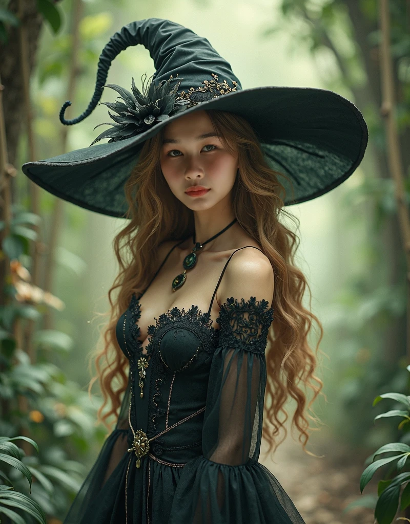 Realistic, 35mm, Intricate details, High resolution, Intricate details, Ultra-detailed, Natural skin texture, Hyperrealism, sharp, 1 girl, Adult (Elf:0.7) woman, Grey Eyes, Chestnut layered hair, Portraiture, Looking down, alone, Half Shot, Detailed Background, witch hat, witch, Magical atmosphere, Hair blowing in the wind, A magical whirlwind swirling in the air, black magic, (Style - Swirl Magic:0.8), Suspended particles,witch、Deep forest background、One girl、cute、Fantastic light shines in