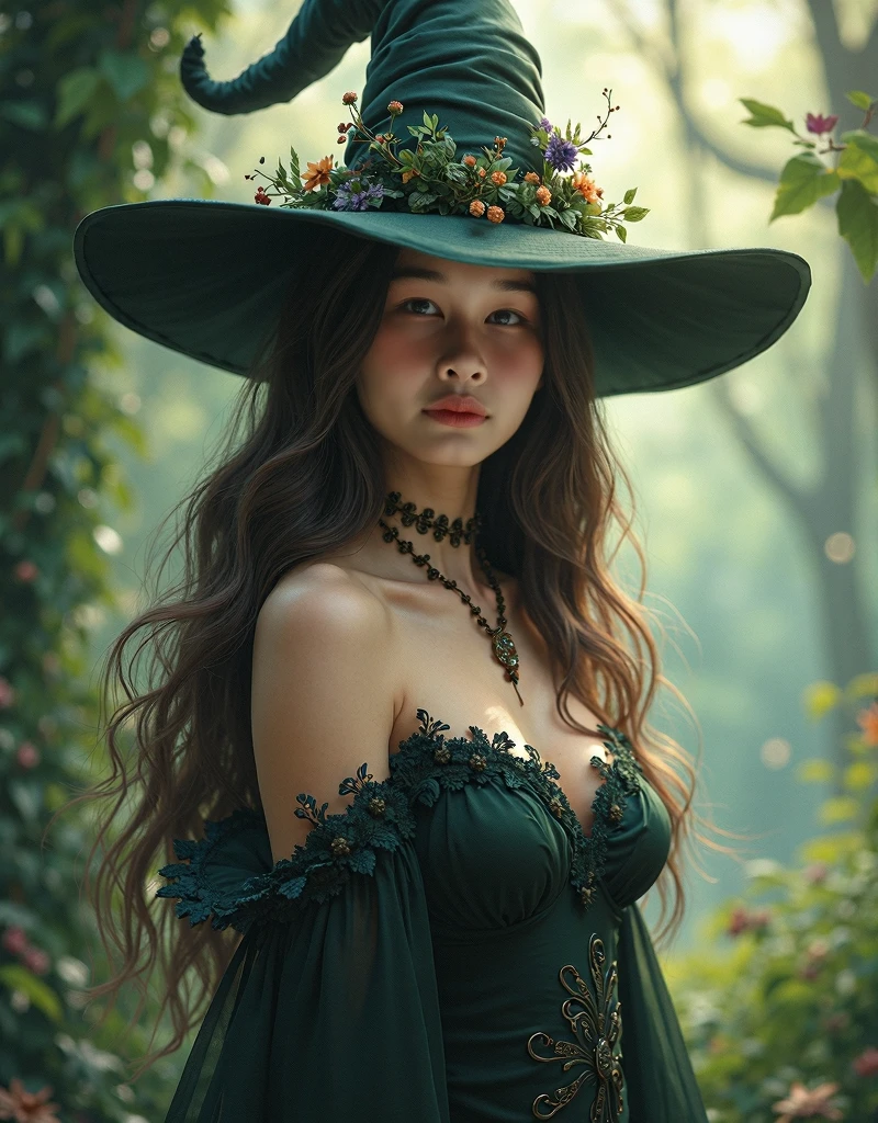 1girl, solo, brown long hair, brown eyes, magician hat, holding magic wand, (beautiful green dress: 1.6), (magic girl dress:1.4), (detailed fabric: 1.4), magic bottles, glass bottles, magic, wood shelves, plants, potted plants ,<lora:more_details:0.7>