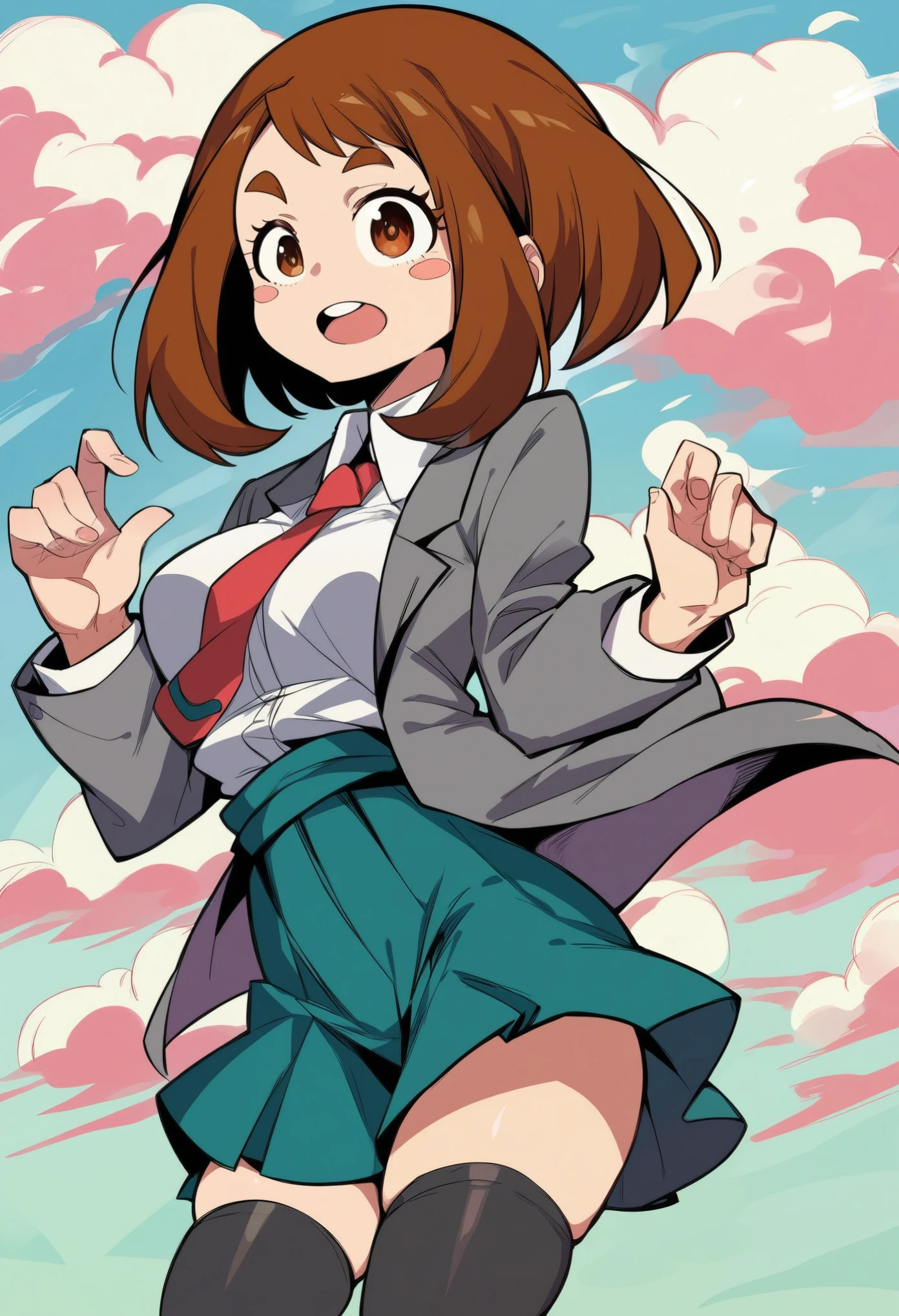 nutshots, kicked in the balls, 1girl, solo, Uraraka Ochako, thick_eyebrows blush_stickers, brown_hair, brown_eyes, short_hair, sideburns, shiny hair, medium breasts, skindentation +++ :D  +++ u.a._school_uniform, grey_jacket long_sleeves, white_shirt red_necktie, mos green pleated_skirt, black stocking  Sky Kingdom, score_9, score_8_up, source_anime