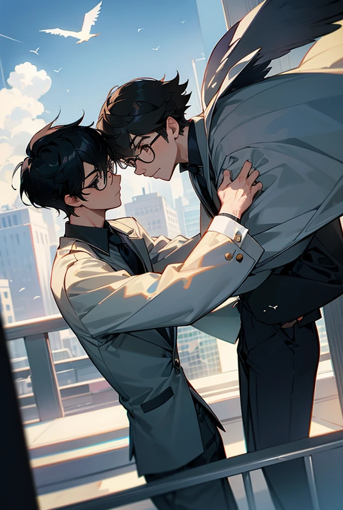 ((Best quality)), ((masterpiece)), (detailed), Two gay guys kissing in the air above the city