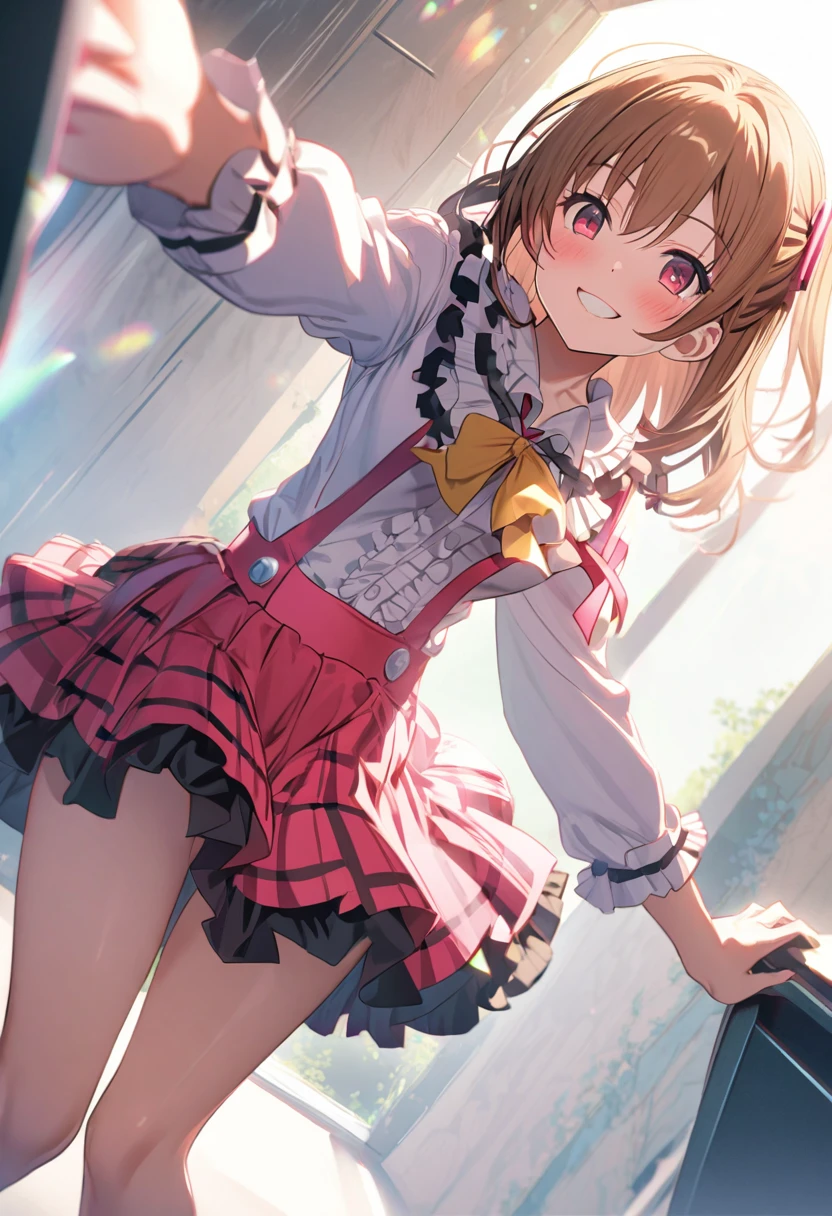 (((Pixel perfect, perfect detail))), (((Underskirt angle view, panties visible,))), Alone, Alone girl, Honoka Kosaka, 1, ((costume bokura wa ima no naka de,:1.0)), viewer's point of view, smiling, blushing, m&#39;s, Love Live! stage, singing, (lace skirt: 1.3), (white panties: 1.3), (panties with ribbon), (panties with frills: 1.3), (skirt rolled up: 1.3), (low angle), blue eyes, orange hair, one-sided updo, short hair, ((Both legs: Thigh-length black socks with pink frills on the top:1.3)), (Black boots), (splayed legs: 1.0), (splayed legs: 1.0)