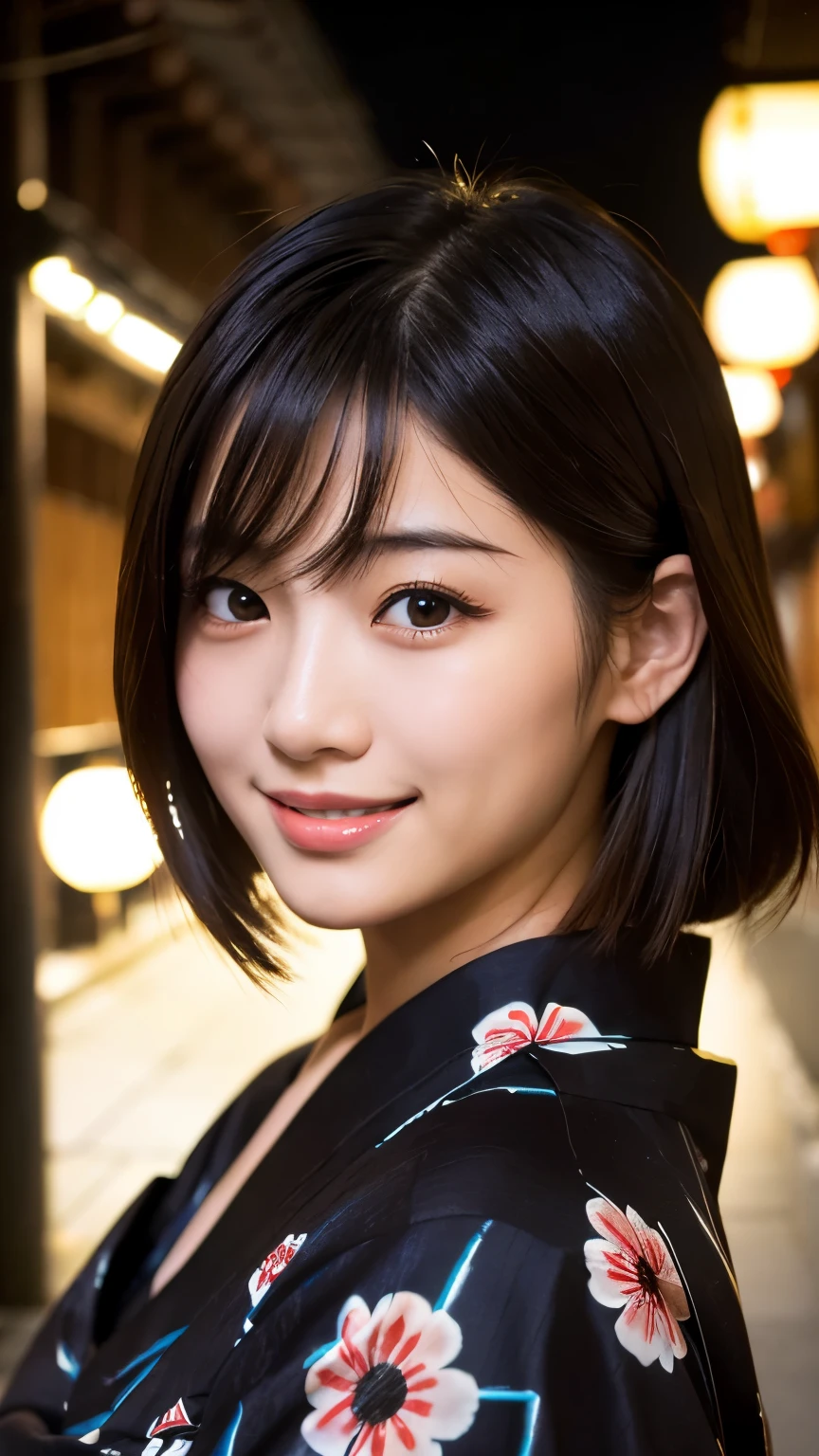 (8k、RAW Photosgraphy、Highest quality、masterpiece:1.2)、(Realistic、Photorealistic:1.37)、Ultra-high resolution、One Girl、cute、solo、night、Sitting、(Laughter:1.1)、(Closed)、huge 、Beautiful Eyes、(short hair:1.2)、(((Fireworks bursting into the sky、night)))、(((kimono、yukata)))、Cleavage、Perfect body、Perfect Fingers、Professional Lighting、Japanese Goddess、gravure、Detailed face and skin texture、Detailed eyes、RAW Photos、Slim Yukata、appear