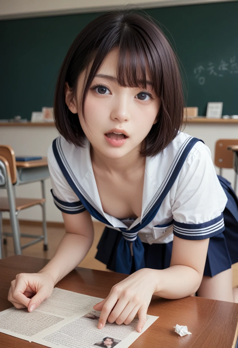 ((Best Quality)), ((masterpiece)), (detailed), ((((photograph)))),one japanese girl of 15,bob hair ,black eyes,wearing school uniform ,cleavage,Small breasts、Flat Chest,(((a glance of nipple))),in classroom,all fours crawling ,picking up papers,open mouth,joyful , eye on viewer,knolling photo