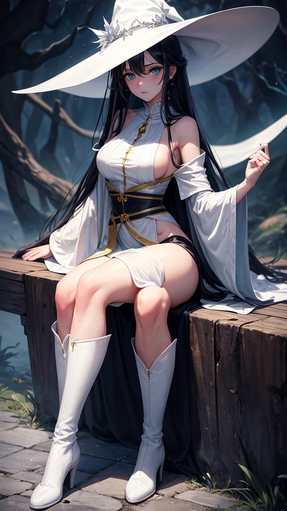 score_9, score_8_up, score_7_up, score_6_up, uncensored, Yor Briar, black hair, earrings, white hairband, hairband, long hair, sidelocks, red eyes, naughty face, shiny skin, sweating, steaming body, heavy breathing, BREAK (masterpiece:1.2), best quality, high resolution,(detailed eyes:1.3), perfect lighting,(perfect hands, perfect anatomy), large breasts, Masterpiece, close up, medieval setting, fantasy world, magical, forest, dark, snow, woman, innocent, cute, mage, soft expression, curious look, green eyes, medium length hair, light brown hair, white mage clothing, thighs, thigh high boots, short green cowl, standing, holding staff