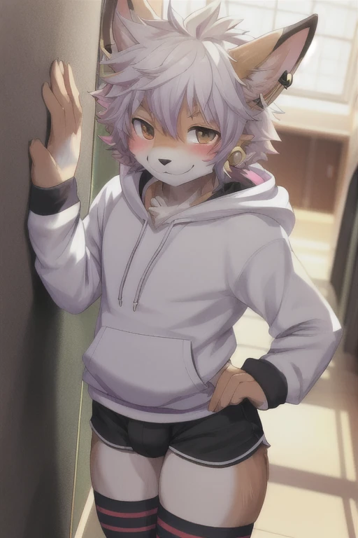 High Resolution, extremely detailed body, Best Quality, Anatomically Correct, Depth Of Field, Lens Flare, Bloom, Glowing Light, Reflection Light, Ray Tracing, God Rays, night

Rabbit, Solo

Male kemono furry, young adult, slim body, bulge, any coloured fur, horns, short hair, messy hair, dyed hair, any colour fur

Graphic hoodie, shorts, arm warmers, striped black thigh highs, earrings, hairclips

Tense pose, smirking expression

School hallway, character pinning viewer against wall, blushing

POV 