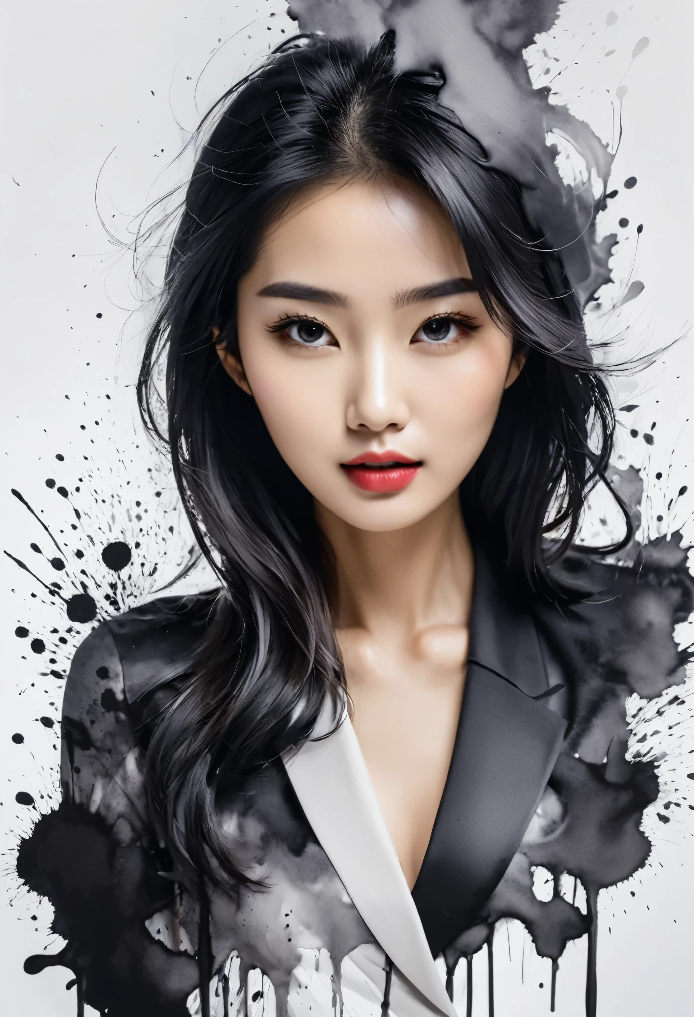 A beautiful young Asian woman ink exaggerated expression figure ink stain line outline ink stain ink stains, elegant, artwork with paint splashes around, and ink dripping at the bottom of the image, innovative, elegant