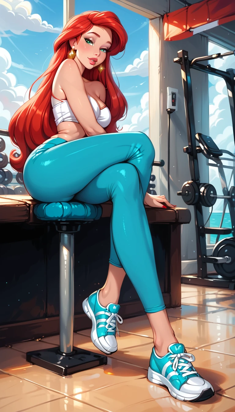 score_9, score_8_up, score_7_up, rating_questionable, epiCPhoto, 1girl, very sexy (Disney's Ariel, ar_el, fair skin, red hair:1.2), beautiful waifu, yogapants, teal yoga pants and top, standing in gym, long legs, sneakers, round butt, thicc, (legs crossed:1.3), solo, cute, flirt, gaze, sexy look, half-closed eyes, head tilt, filled lips, thick lips, makeup, modelling shoot, sexy pose.