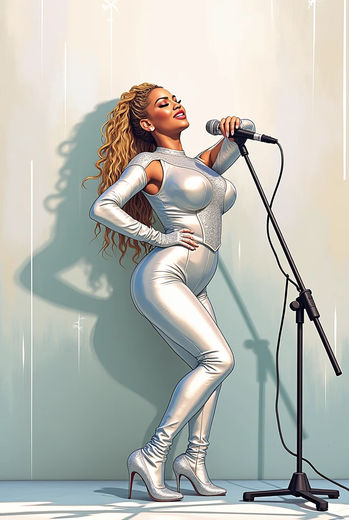 A woman with long white hair,wearing a yellow bodysuit,a yellow transparent jacket,a yellow leather mini skirt and a futuristic boot that looks like something with a robot with a heel,she will be sitting on a giant silver brain floating in the air, the yellow and black background mixing and she will wear very futuristic accessories,I want her y but futuristic clothing style