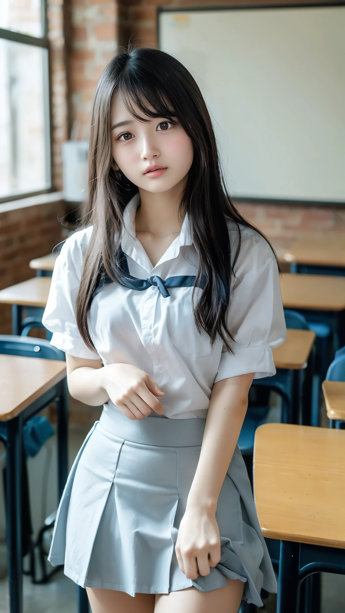 Long neck,Browsing Caution,Flat chest,Highest quality,Ultra-high resolution,1 person,whole body,Black Hair, bangs, Cool look,Looking into the camera,beautiful and delicate face,Fine and beautiful skin,Skin Texture,high school student, school uniform, (A white shirt ripped and shredded:1.1), tie,(Small breasts:1.2), Check mini skirt,Classroom after school,(Naked standing pose,1.3: