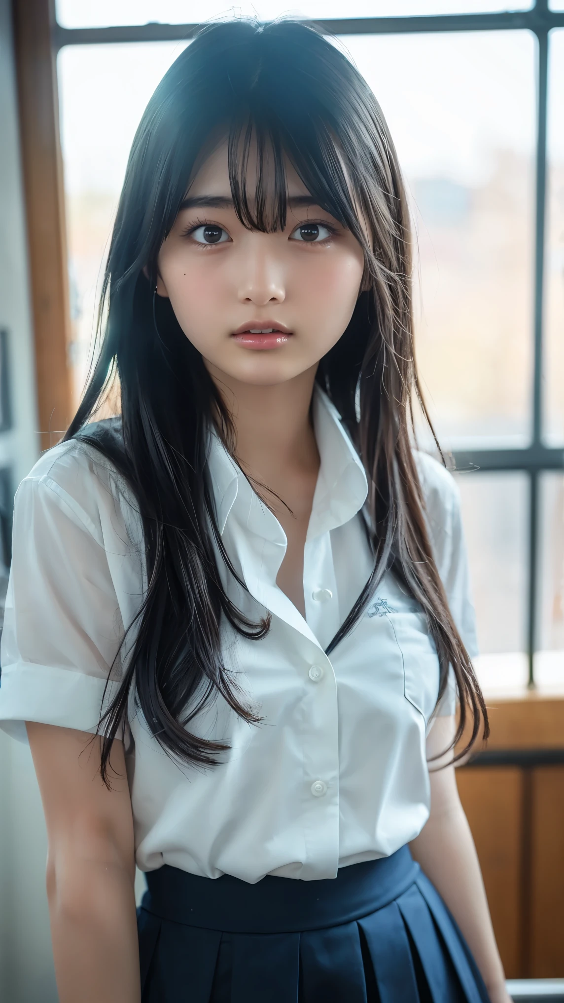 Long neck,Browsing Caution,Flat chest,Highest quality,Ultra-high resolution,1 person,whole body,Black Hair, bangs, Cool look,Looking into the camera,beautiful and delicate face,Fine and beautiful skin,Skin Texture,high school student, school uniform, (A white shirt ripped and shredded:1.1), tie,(Small breasts:1.2), Check mini skirt,Classroom after school,(Naked standing pose,1.3: