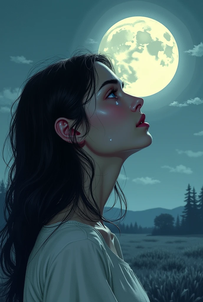 magical girl, very long black hair, naked sinister forest, magic, fantastic, night sky, moons, stars, background, nsfw, extreme blowjob to boy, penis, fluids, cumshot, cock stuck in entire mouth, (art inspired by Bill Sienkiewicz ). oil painting)