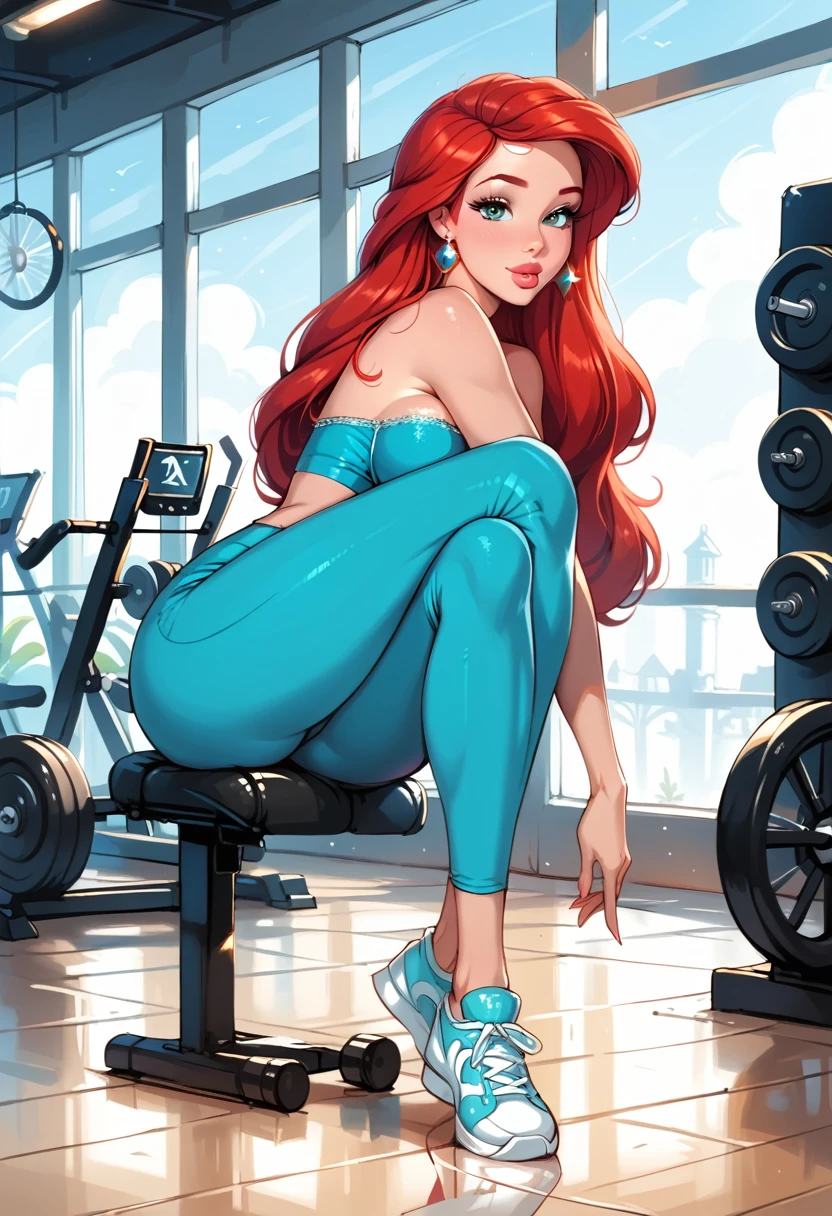 score_9, score_8_up, score_7_up, rating_questionable, epiCPhoto, 1girl, very sexy (Disney's Ariel, ar_el, fair skin, red hair:1.2), beautiful waifu, yogapants, teal yoga pants and top, standing in gym, long legs, sneakers, round butt, thicc, (legs crossed:1.3), solo, cute, flirt, gaze, sexy look, half-closed eyes, head tilt, filled lips, thick lips, makeup, modelling shoot, sexy pose.