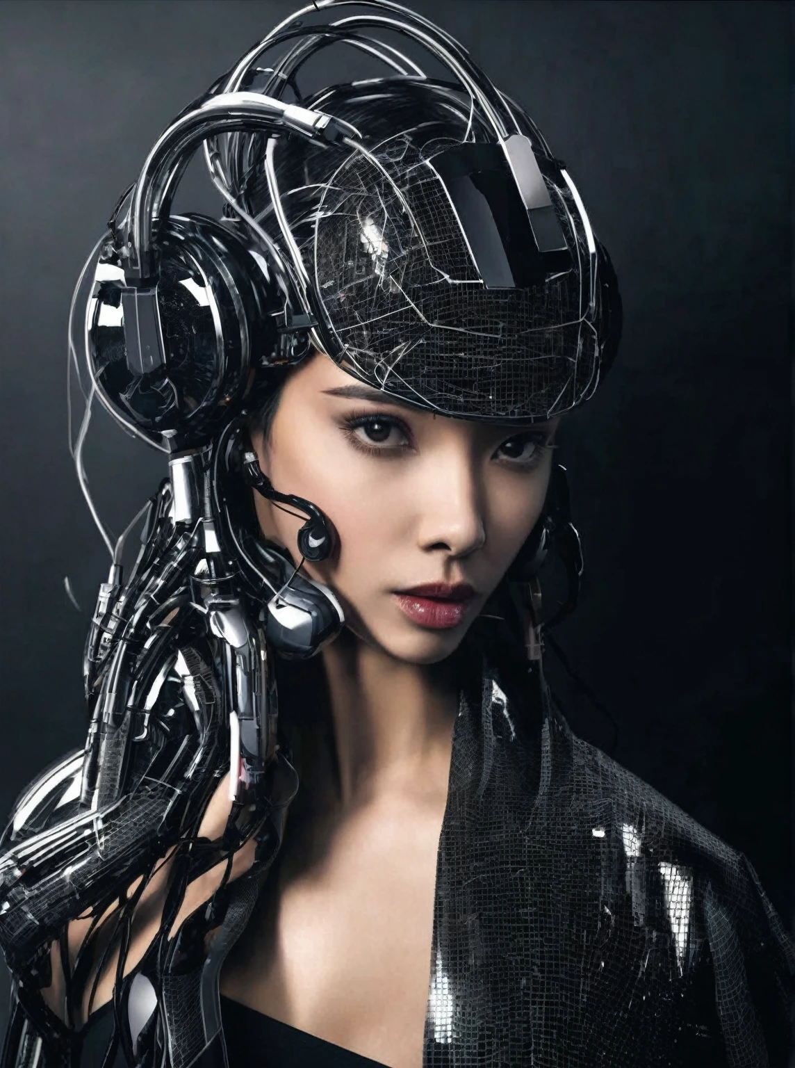 ((Best quality, 8K, Masterpiece:1.3, 1 girl, Beautiful girl)), Cute, Dynamism, Detailed face, Detailed skin, Detailed eyes, Detailed lips, Photorealistic, Raw photo, Natural lighting, dynamic pose, big round buttocks, round eyes, double eyelid, tear bags, moist lips, wires and cables hair, purple background, cg illustration, ((mechanical girl, mechanical limbs, mechanical body)), (machine made joints:1.2, blood vessels connected to tubes), ((mechanical vertebra attaching to back, mechanical cervial attaching to neck)), expressionless, (wires and cables attaching to neck:1.2, wires and cables on head:1.2), science fiction