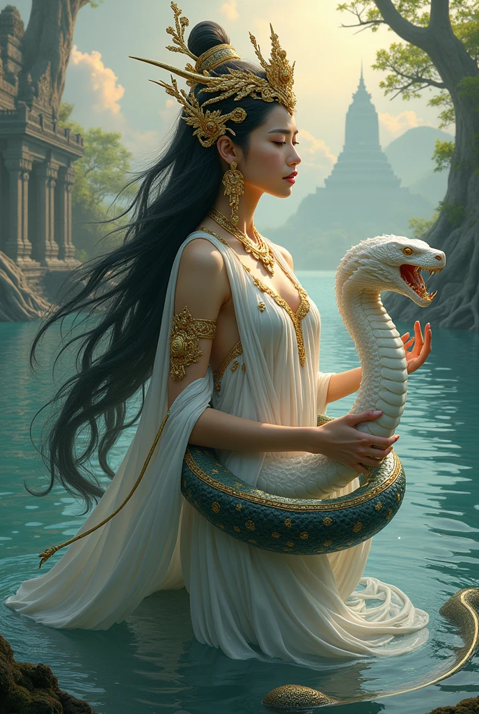 strong beautiful girl (Ju JingYi) He walked out of the castle with a fierce expression.,Her body had a green glowing aura, she was about to transform into a large emerald Thai Naga.,Wearing a long and tall emerald green Thai dress, swinging back and forth., Long hair decorated with a Thai gold crown It's not just plastic or soft skin. Pictures of ordinary people convey deep emotions. The background of the large and tall Nagas adds to the epic mood. 3D rain, sea waves, Thai stone castles, distant corners.