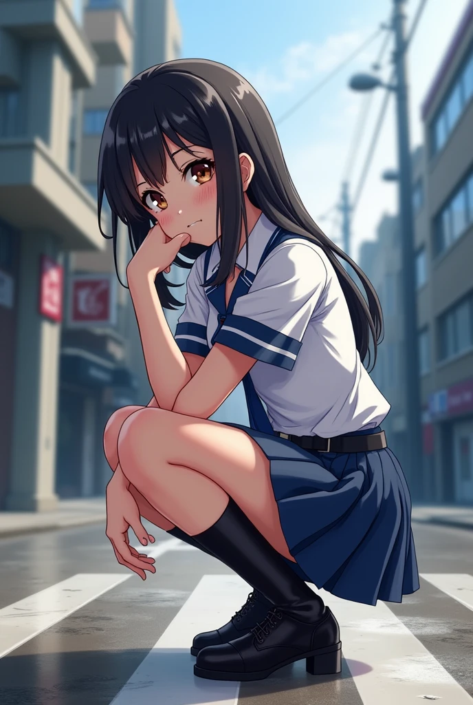 superfine illustration, Perfect Anatomy, Best Quality, Hires, amazing shading, Beautiful skin, 1 little girl, nose blush, Saliva, Ecstasy, Close eyes, ,School Uniforms , Full body, SEX, Yor, touches crotch, (Rubbing the crotch with your hands:1.2),By train,, suggestive pose,Small