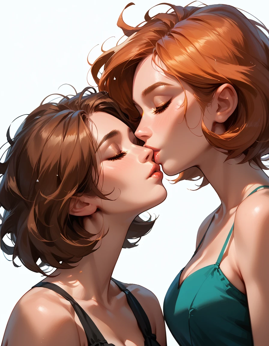 score_9, score_8_up, score_7_up, rating_questionable, epiCPhoto, 2girls, duo, couple, yuri, very sexy (Aunt Cass, brown hair, messy hair, short hair, wearing a black_dress:1.5), and (annpossible, orange-red hair, short hair, wearing a teal_dress:1.4), (focus on lips, kiss, deep kiss, passionate kiss:1.3), beautiful, graceful, elegant, beautiful scene, soft romantic lighting, in love, loving look on their faces, flirt, gaze, sexy look, eyes closed, head tilt, filled lips, thick lips, makeup, dark, moody, (dimly lit:1.4), face portrait, close-up shot, highly detailed, sexy scene, absurdres, 4k, masterpiece, best quality.